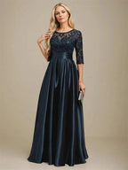 A-line Scoop Illusion Floor-Length Stretch Satin Lace Mother of the Bride Dress With Bow Sequins by Dreamylily
