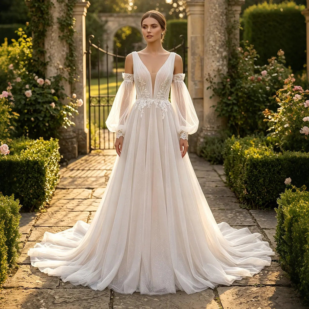 Elegant Ivory V-Neck Detachable Puff Sleeve Lace Tulle Wedding Dress with Train SW708