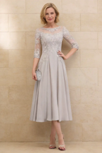 Elegant Silver Gray Lace Chiffon Tea-Length Mother of the Bride Dress with 3/4 Sleeves by tangjianjun