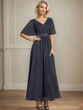 A-line V-Neck Ankle-Length Chiffon Mother of the Bride Dress With Pleated Beading Sequins by Dreamylily