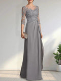 A-line Scoop Illusion Floor-Length Chiffon Lace Mother of the Bride Dress With Beading Sequins Cascading Ruffles by Dreamylily