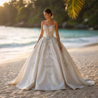 White Satin Strapless Ball Gown Wedding Dress with Luxurious Beaded Lace and Cathedral Train SW676