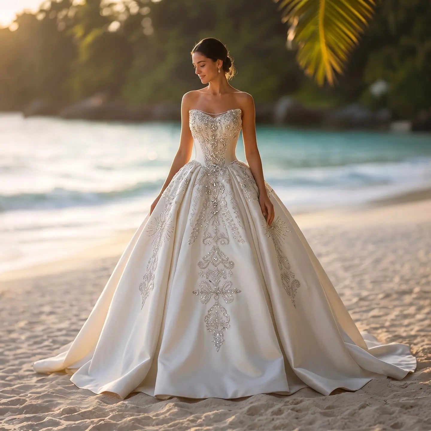 White Satin Strapless Ball Gown Wedding Dress with Luxurious Beaded Lace and Cathedral Train SW676