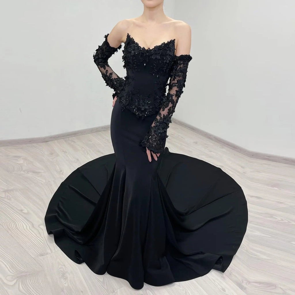 Black Luxury Gothic Wedding Dress Mermaid 3D Floral Lace  SW553