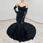 Black Luxury Gothic Wedding Dress Mermaid 3D Floral Lace  SW553