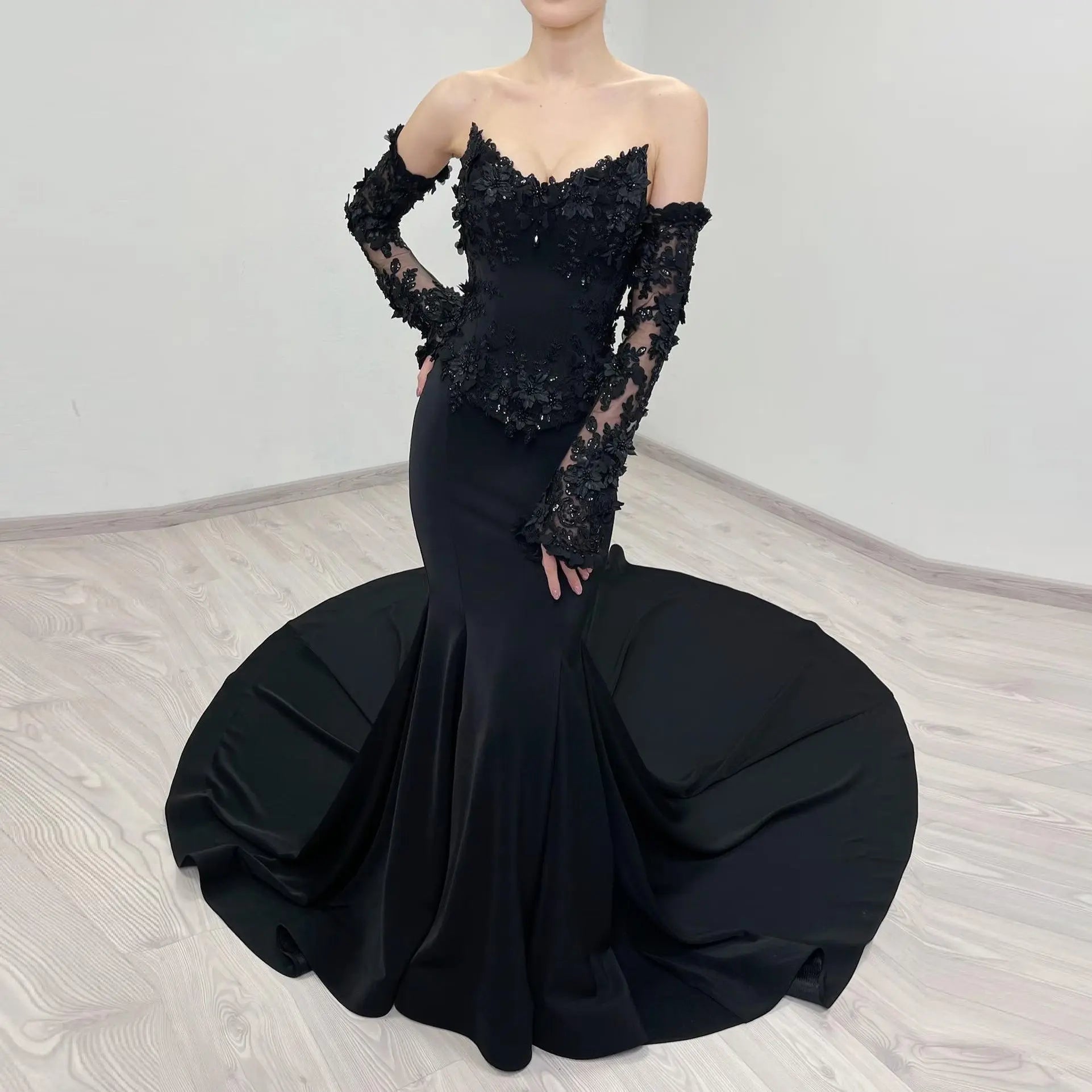 Black Luxury Gothic Wedding Dress Mermaid 3D Floral Lace  SW553