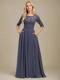 A-Line Scoop Floor-Length Lace Chiffon Mother Of the Bride Dress With Sequins Applique by Dreamylily