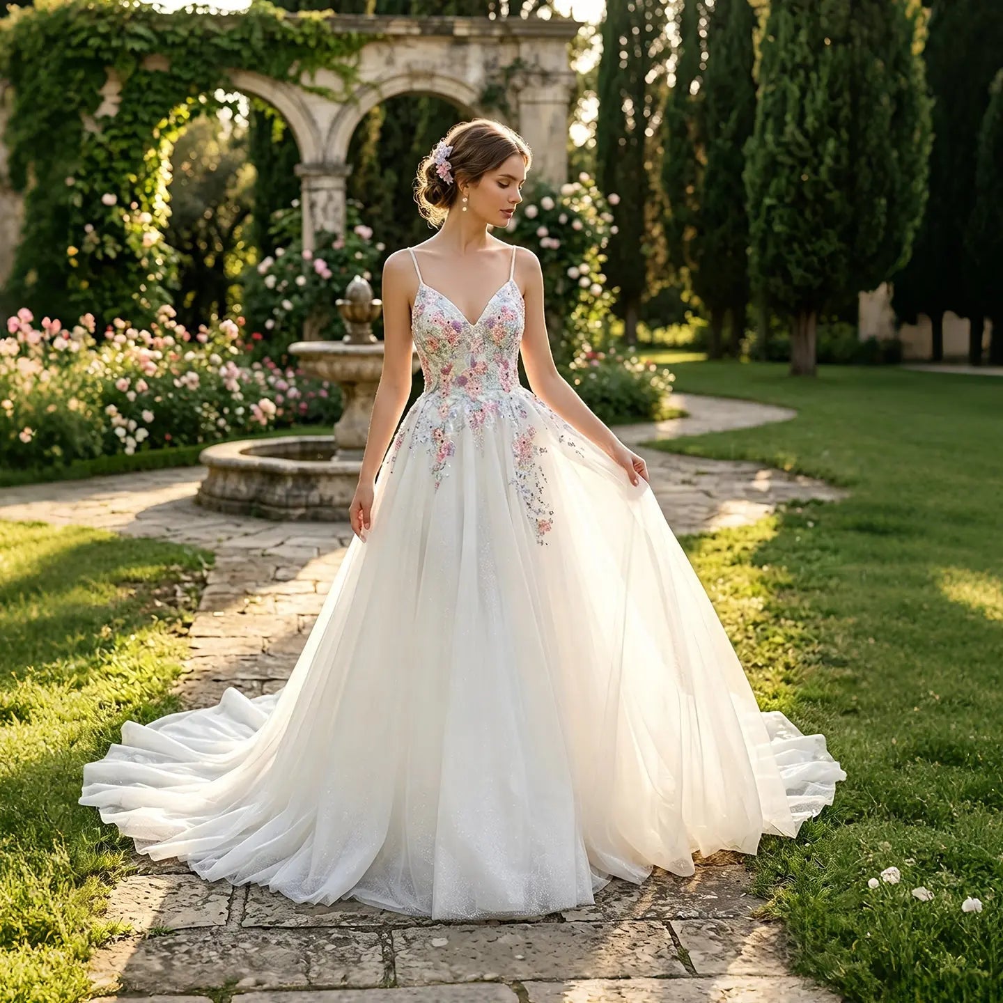 Glamorous White Floral Applique A-Line Tulle Wedding Dress with Train SW704