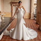 Glamorous Lvory Satin Wedding Dress with Buttons & Train SW718
