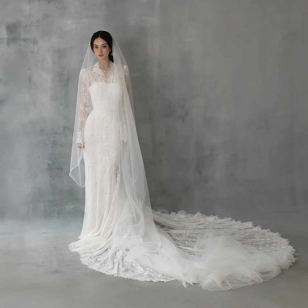 Elegant Ivory Lace High Neck Long Sleeve Train Mermaid Wedding Dress with Veil SW274