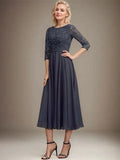 A-line Scoop Tea-Length Lace Chiffon Mother of the Bride Dress With Sequins by Dreamylily