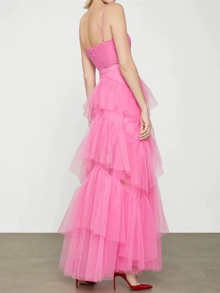 Elegant Open Back Layered Hot Pink Tulle Long Prom Dresses, Hot Pink Tulle Formal Graduation Evening Dresses Y2114 by simplepromdress
