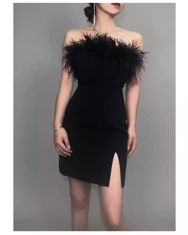 Womens Feather Off Shoulder Bandage Dresses Side Split Cocktail Party Bodycon Dress Black Short Homecoming Dress Y1356 Hover Image