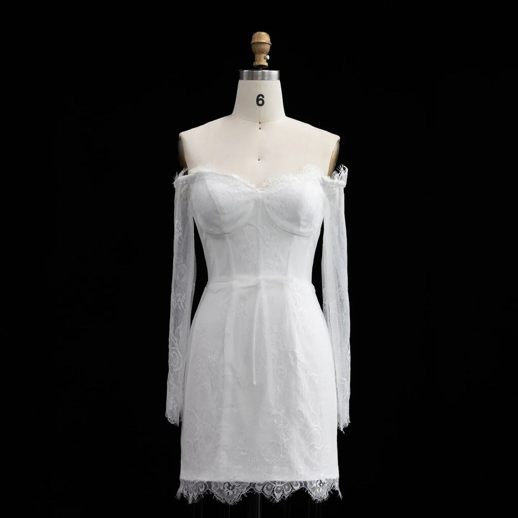 Luxury Ivory Off-the-Shoulder Long Sleeve Lace Mini Wedding Dress SW170
