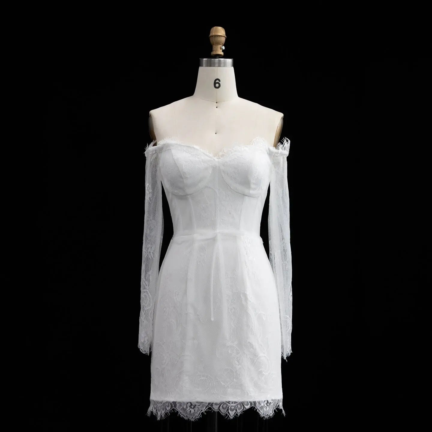 Luxury Ivory Off-the-Shoulder Long Sleeve Lace Mini Wedding Dress SW170