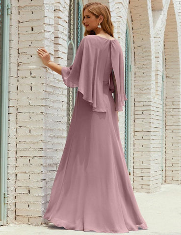 Sunnderly  Bridesmaid Dress Women Long Sleeve V-Neck Chiffon Formal Wedding Party Dress SY28018