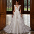 Elegant Ivory V-Neck Cap Sleeve A-Line Lace Tulle Wedding Dress SW711