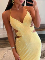 Glint | Sparkly Mermaid V Neck Yellow Sequins Long Prom Dresses by KissProm