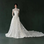 Classic Ivory Lace High Neck Long Sleeve A-Line Wedding Dress with Veil SW275