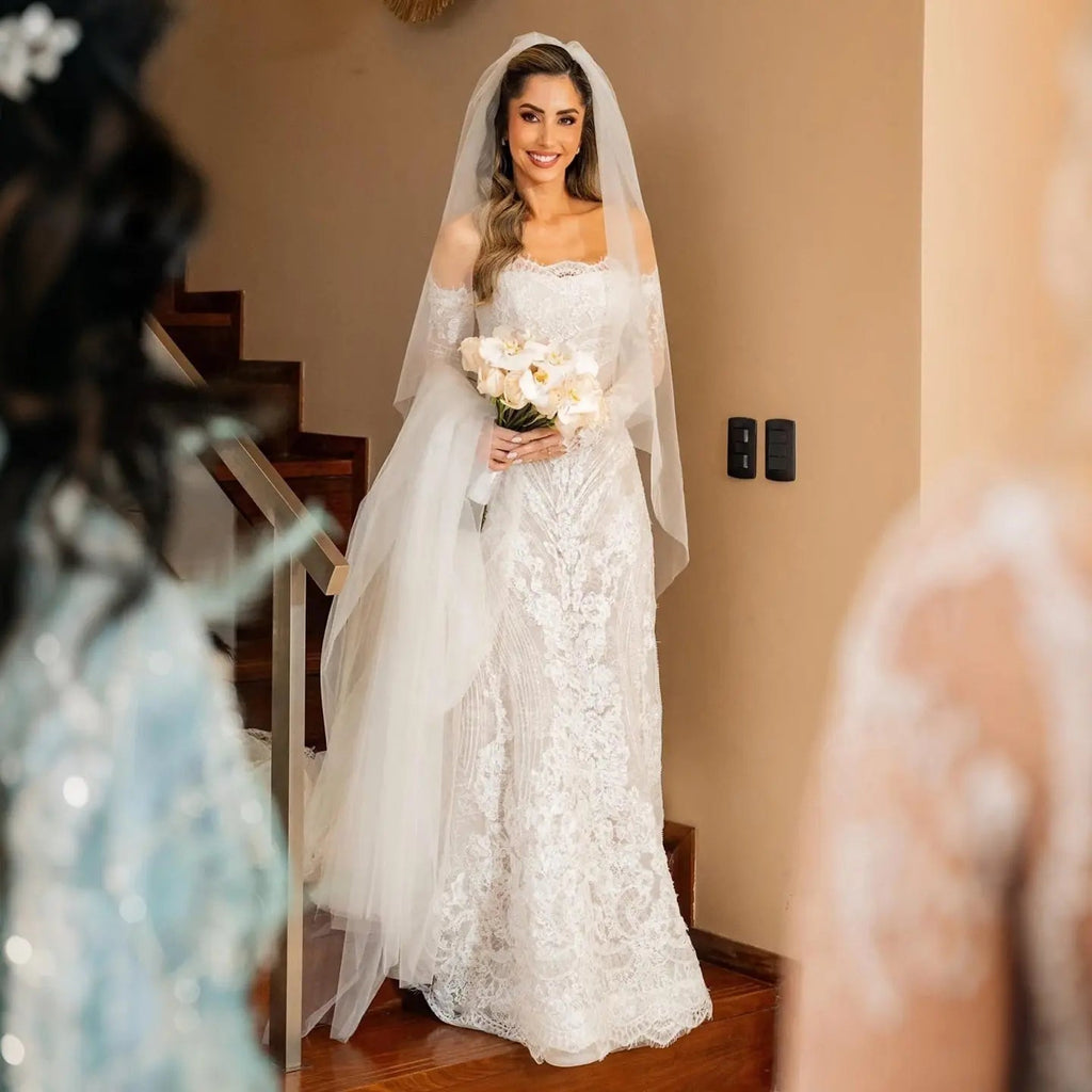 White Beaded Lace Bridal Gown with Off Shoulder Long Sleeves SW673