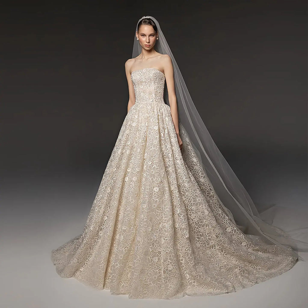 Regal Champagne Strapless Allover Lace Ball Gown Wedding Dress with Veil SW667