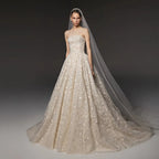 Regal Champagne Strapless Allover Lace Ball Gown Wedding Dress with Veil SW667