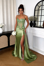 Olive Green Sequin Corset Mermaid Prom Dress, Satin High Slit Formal Gown by tangjianjun