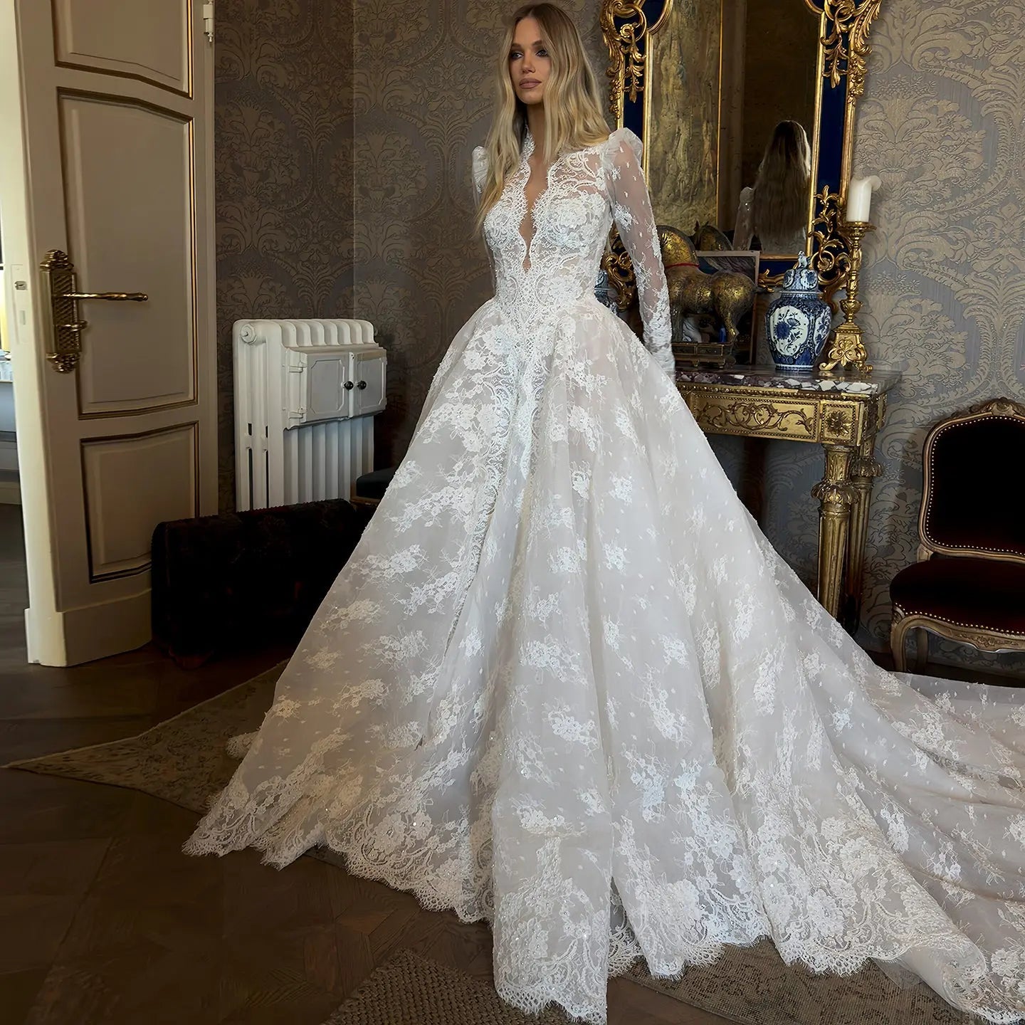 Luxury White High Neck Sequin Long Sleeve Lace A-Line Wedding Dress SW211