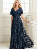 A-line V-Neck Floor-Length Lace Sequin Chiffon Mother of the Bride Dress With Pleated by Dreamylily