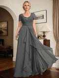A-line Sweetheart Floor-Length Chiffon Lace Mother of the Bride Dress With Beading Cascading Ruffles by Dreamylily