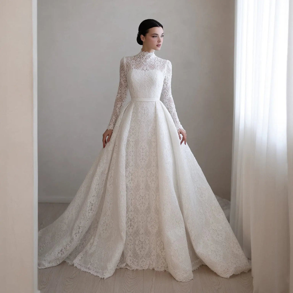 Luxury High Neck Lace Wedding Dress with Overskirt SW541