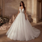 Dreamy White Glitter Tulle Wedding Dress with Lace Bodice and Corset Back SW710