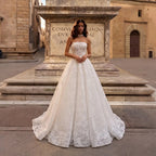 White Corset Strapless Lace Applique Tulle Bridal Ball Gown Wedding Dress SW611