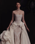 Luxury Ivory Strapless Lace 3D Floral Wedding Dress with Overskirt SW598