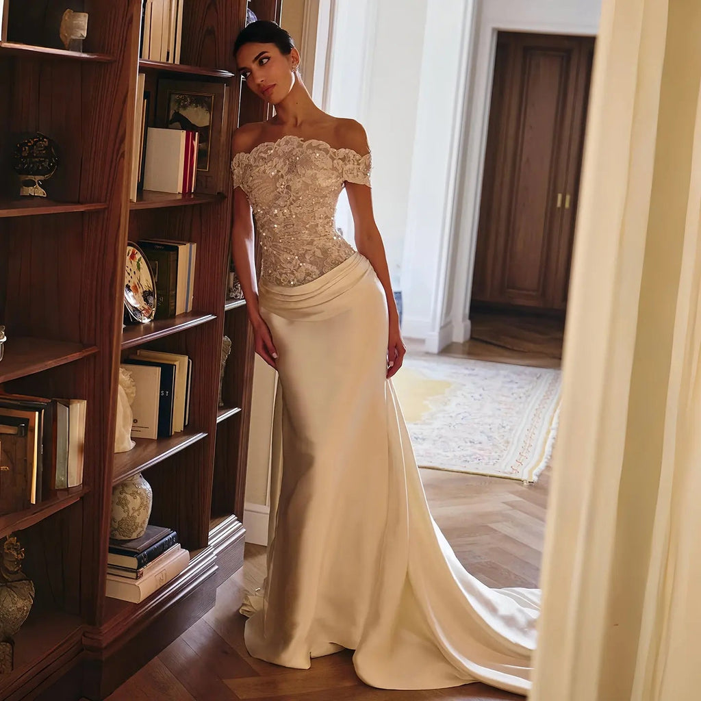 Luxury Ivory Off-the-Shoulder Lace and Satin Mermaid Wedding Dress with Veil SW231