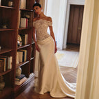 Luxury Ivory Off-the-Shoulder Lace and Satin Mermaid Wedding Dress with Veil SW231