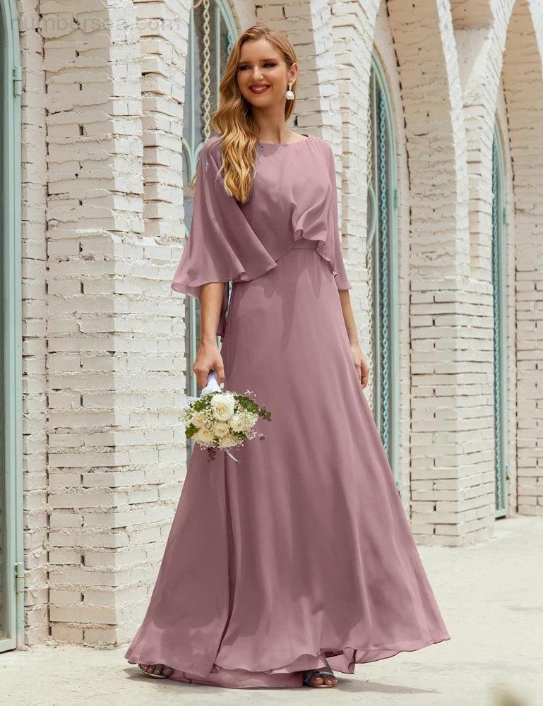 Sunnderly Bridesmaid Dress Women Long Sleeve V-Neck Chiffon Formal Wedding Party Dress SY28018 by numbersea