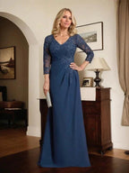 Sheath/Column V-Neck Illusion Floor-Length Lace Chiffon Mother of the Bride Dress With Pleated Sequins by Dreamylily