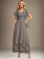 A-line V-Neck Ankle-Length Lace Chiffon Mother of the Bride Dress With Cascading Ruffles by Dreamylily