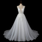 Dreamy White Glitter Tulle Wedding Dress with Lace Bodice and Corset Back SW710