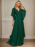 A-line V-Neck Floor-Length Chiffon Mother of the Bride Dress With Sequins Appliques Lace Beading by Dreamylily