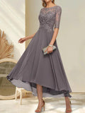 A-line Boat Neck Illusion Asymmetrical Chiffon Lace Mother of the Bride Dress With Sequins Beading by Dreamylily