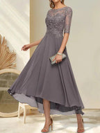A-line Boat Neck Illusion Asymmetrical Chiffon Lace Mother of the Bride Dress With Sequins Beading by Dreamylily