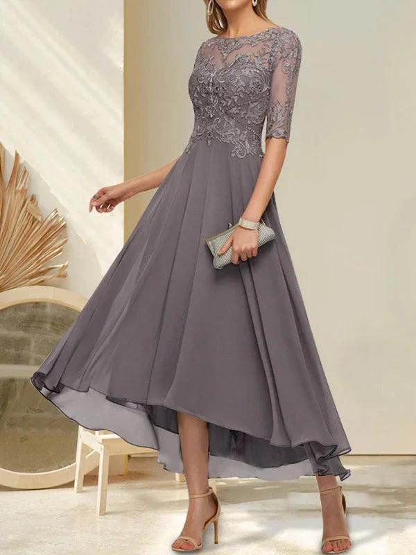 A-line Boat Neck Illusion Asymmetrical Chiffon Lace Mother of the Bride Dress With Sequins Beading by Dreamylily