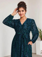 A-Line V-Neck Long Sleeves Velvet Tea-Length Mother of the Bride Dress With Split by Dreamylily