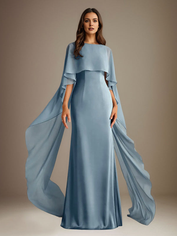 Sheath/Column Boatneck Floor-Length Chiffon Mother of the Bride Dress With Cascading Ruffles