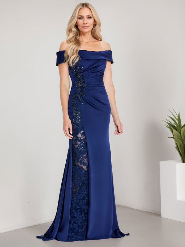 A-Line Off the Shoulder Floor-Length Mother of the Bride Dress Applique Beadings Mermaid Dress With  High Split Hover Image