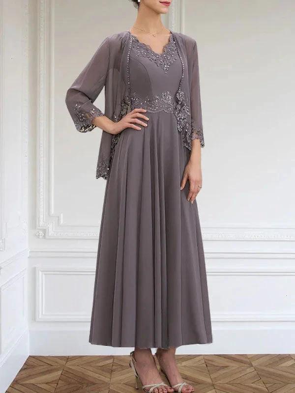 A-line V-Neck Ankle-Length Chiffon Mother of the Bride Dress With Sequins Appliques Lace Beading by Dreamylily