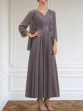 A-line V-Neck Ankle-Length Chiffon Mother of the Bride Dress With Sequins Appliques Lace Beading by Dreamylily