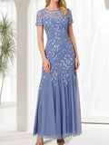 Blue Mermaid Round Neck Long Mother of the Bride Dress With Beadings by Dreamylily